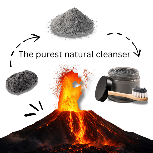 Origin of bentonite clay toothpaste shown as a sequence from volcanic eruption to volcanic rock to grey clay powder to a finished natural toothpaste jar
