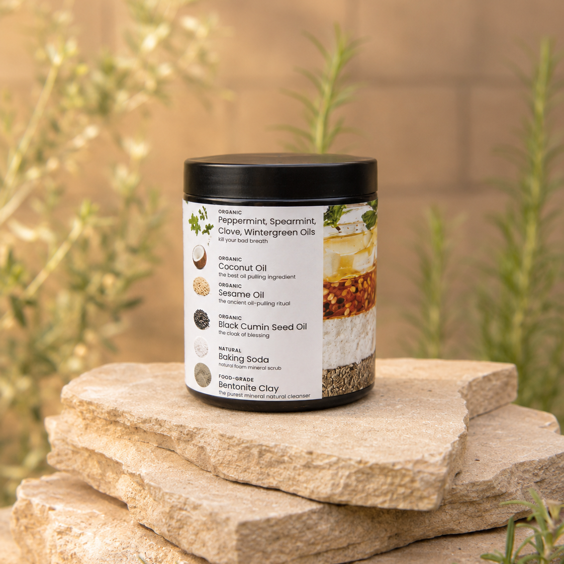 Jar with a label on a stack of stones against a natural background